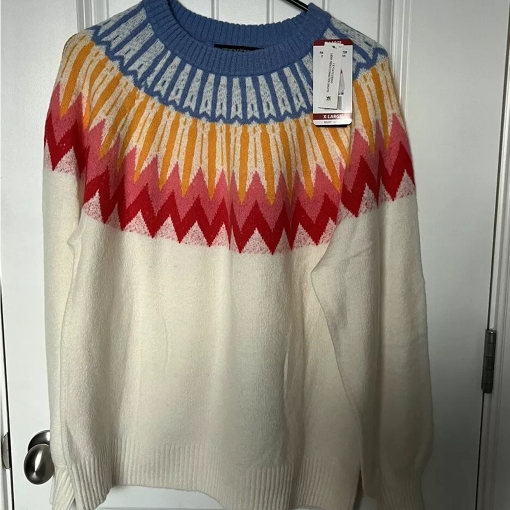 French Connection Essentials Women's Fair Isle Sweater Ivory Size XL MSRP 87.99